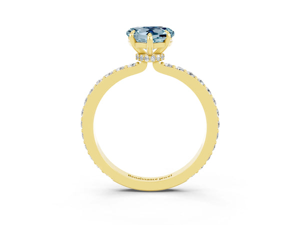 Yellow gold Heart Cut Aquamarine Solitaire Engagement Ring with Pavé Band and Four-Prong Setting