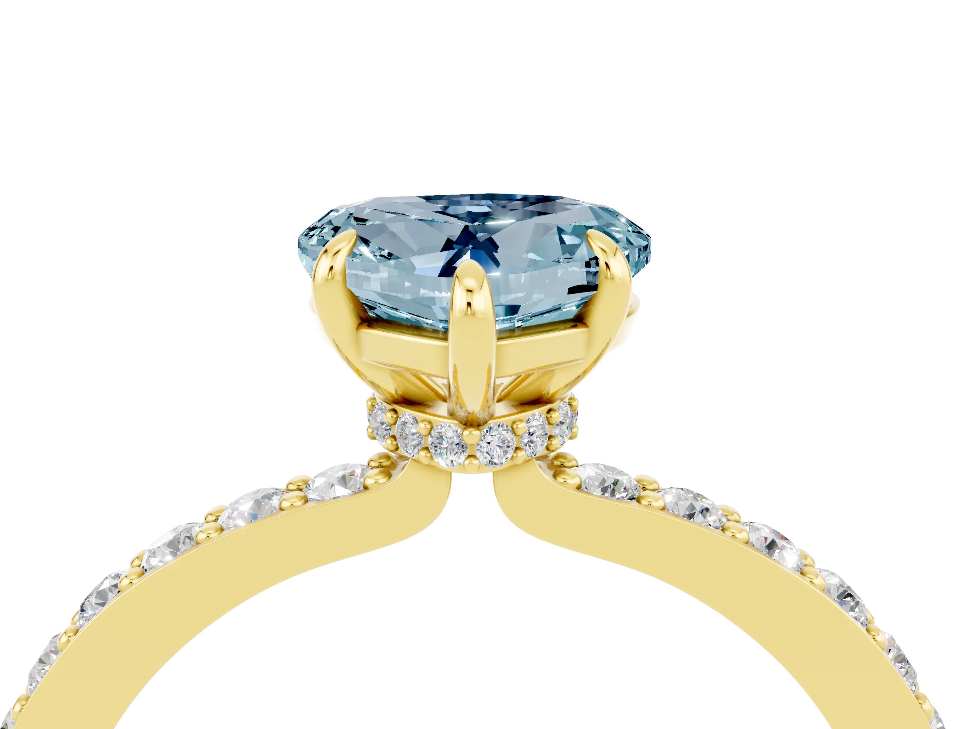 Yellow gold Heart Cut Aquamarine Solitaire Engagement Ring with Pavé Band and Four-Prong Setting_4