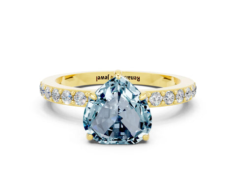 Yellow gold Heart Cut Aquamarine Solitaire Engagement Ring with Pavé Band and Four-Prong Setting