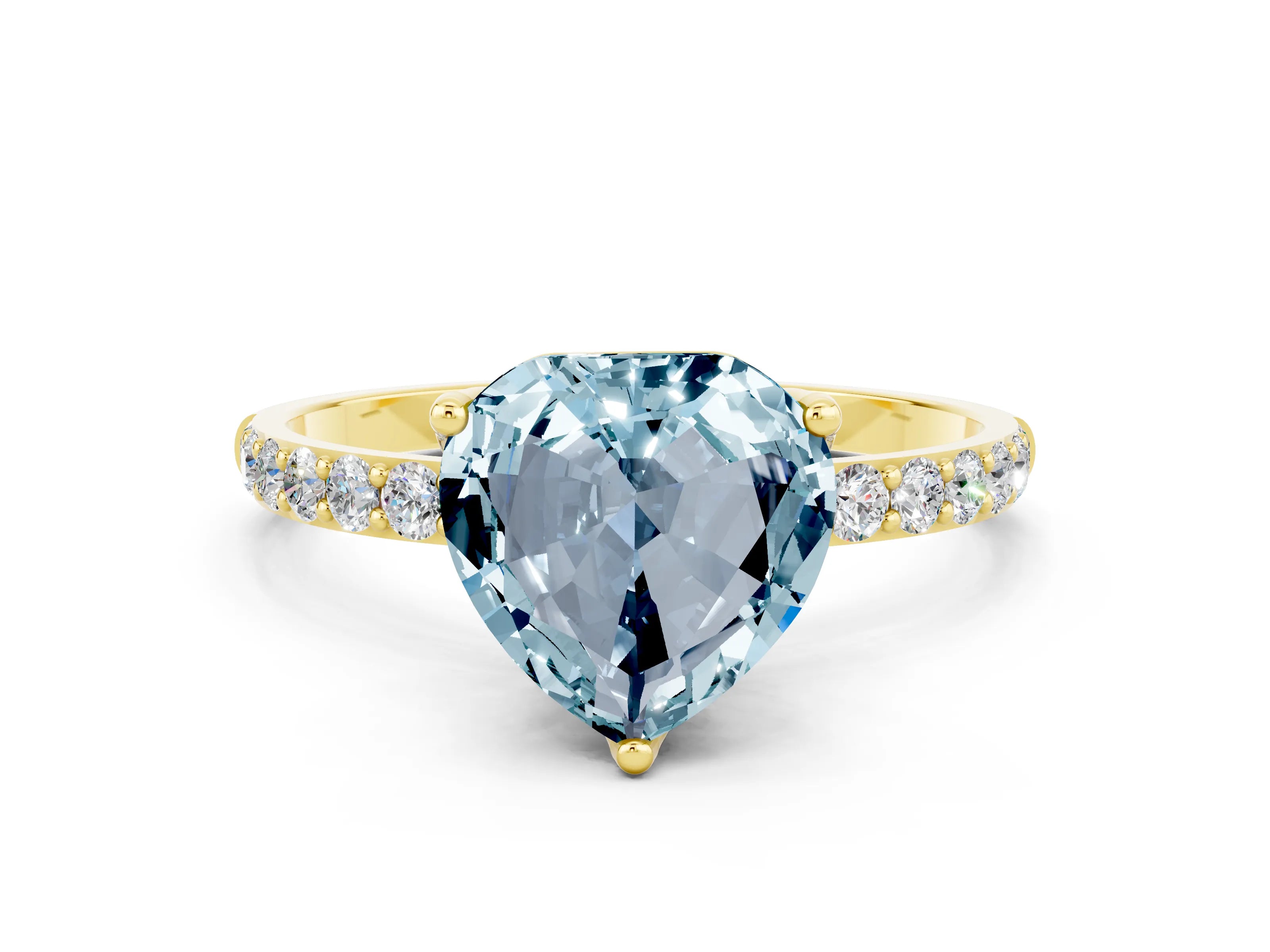 Yellow gold Heart Cut Aquamarine Solitaire Engagement Ring with Pavé Band and Prong Setting