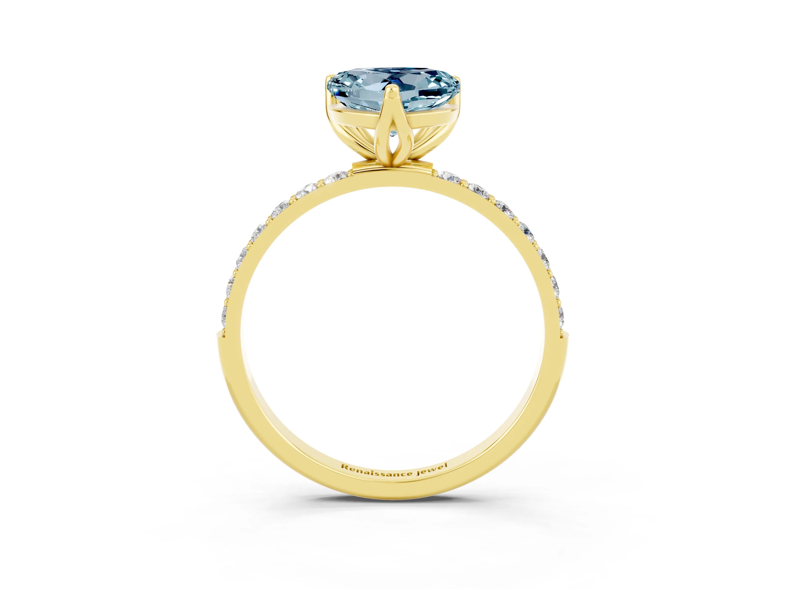 Yellow gold Heart Cut Aquamarine Solitaire Engagement Ring with Pavé Band and Prong Setting_3