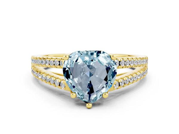 Yellow gold Heart Cut Aquamarine Solitaire Engagement Ring with Split Shank Pavé Band