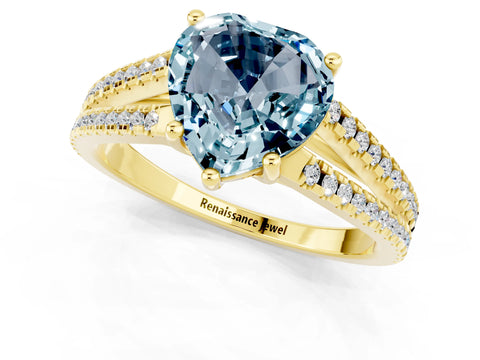 Yellow gold Heart Cut Aquamarine Solitaire Engagement Ring with Split Shank Pavé Band_1