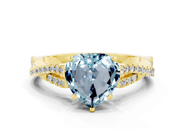 Yellow gold Heart Cut Aquamarine Solitaire Engagement Ring with Twisted Pavé Band and Four-Prong Setting