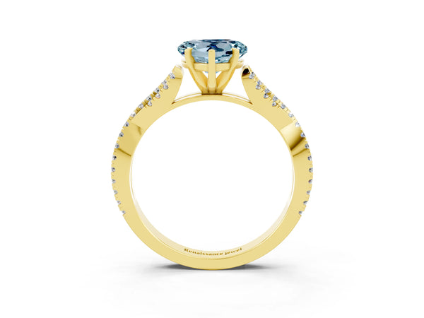 Yellow gold Heart Cut Aquamarine Solitaire Engagement Ring with Twisted Pavé Band and Four-Prong Setting