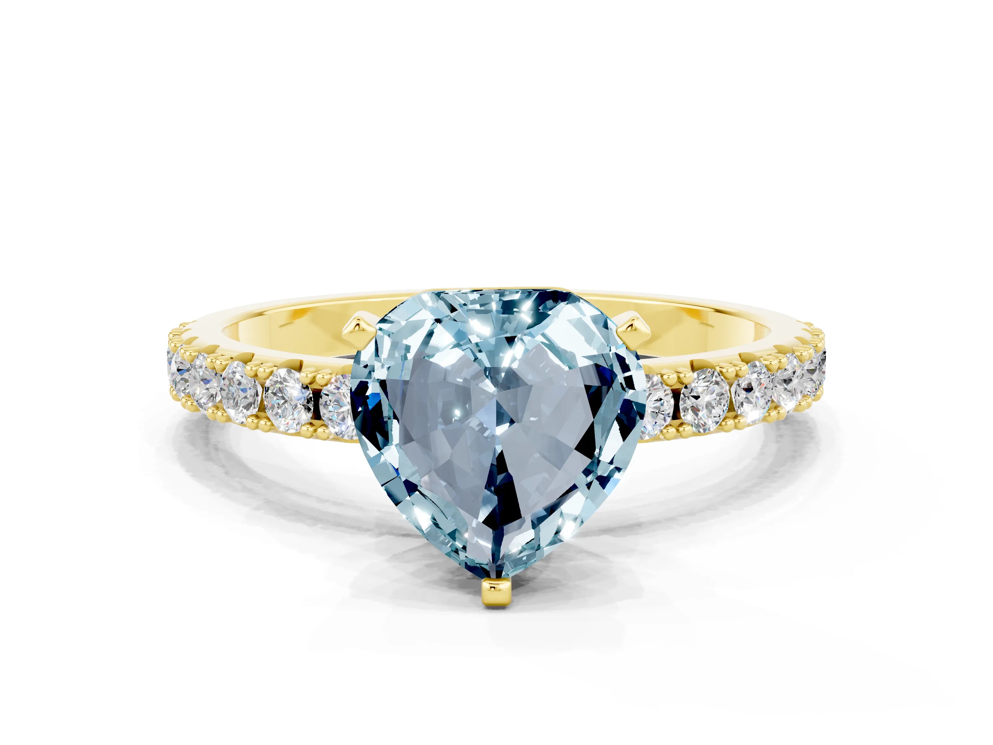 Yellow gold Heart Cut Aquamarine Solitaire Pavé Band with Four-Prong Setting