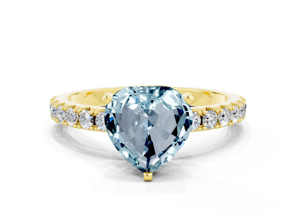 Yellow gold Heart Cut Aquamarine Solitaire Pavé Band with Four-Prong Setting