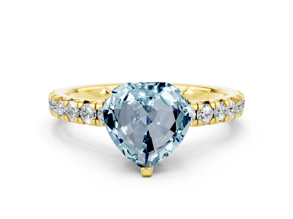 Yellow gold Heart Cut Aquamarine Solitaire Pavé Engagement Ring with Round Band and Prong Setting