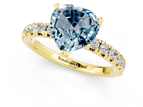Yellow gold Heart Cut Aquamarine Solitaire Pavé Engagement Ring with Round Band and Prong Setting