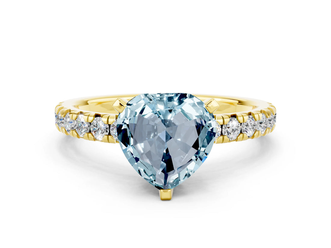 Yellow gold Heart Cut Aquamarine Solitaire Pavé Engagement Ring with Round Band and Prong Setting_72