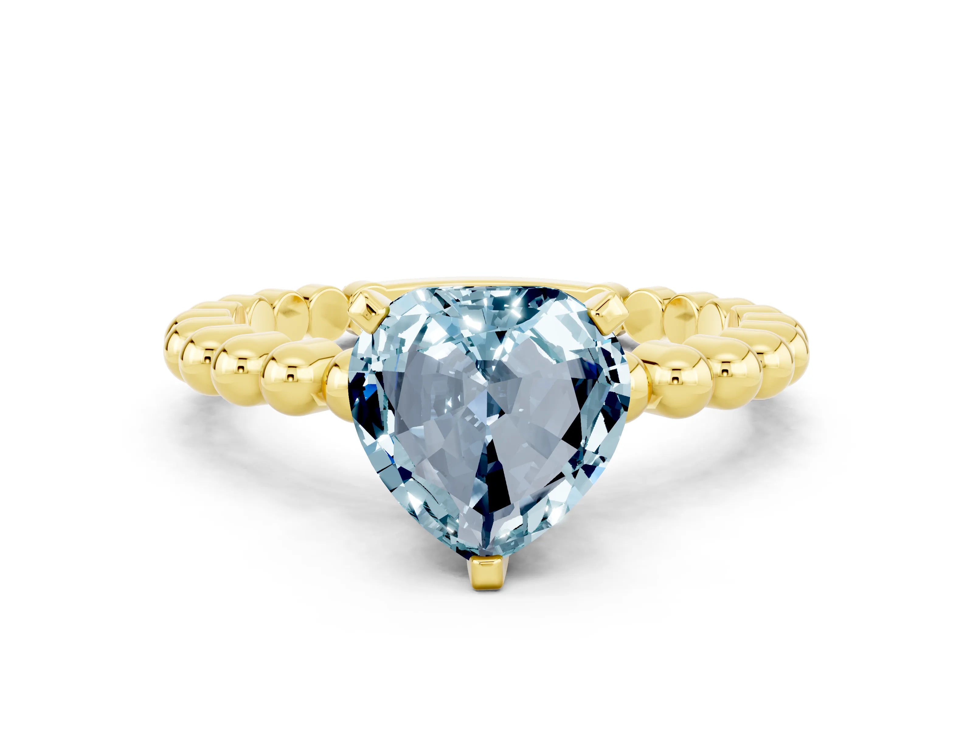 Yellow gold Heart Cut Aquamarine Solitaire Ring with Beaded Band and Prong Setting