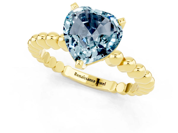 Yellow gold Heart Cut Aquamarine Solitaire Ring with Beaded Band and Prong Setting
