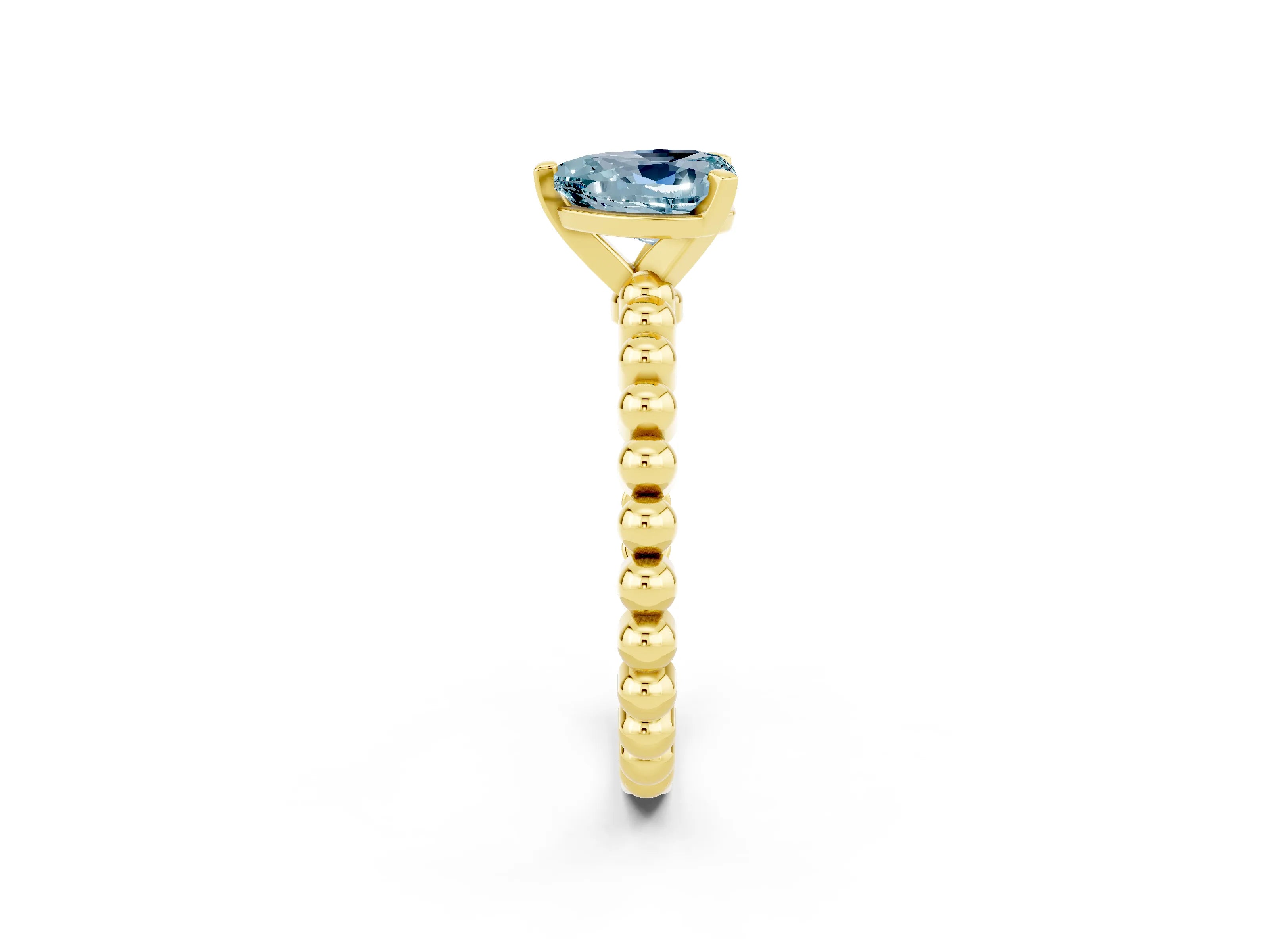 Yellow gold Heart Cut Aquamarine Solitaire Ring with Beaded Band and Prong Setting_2