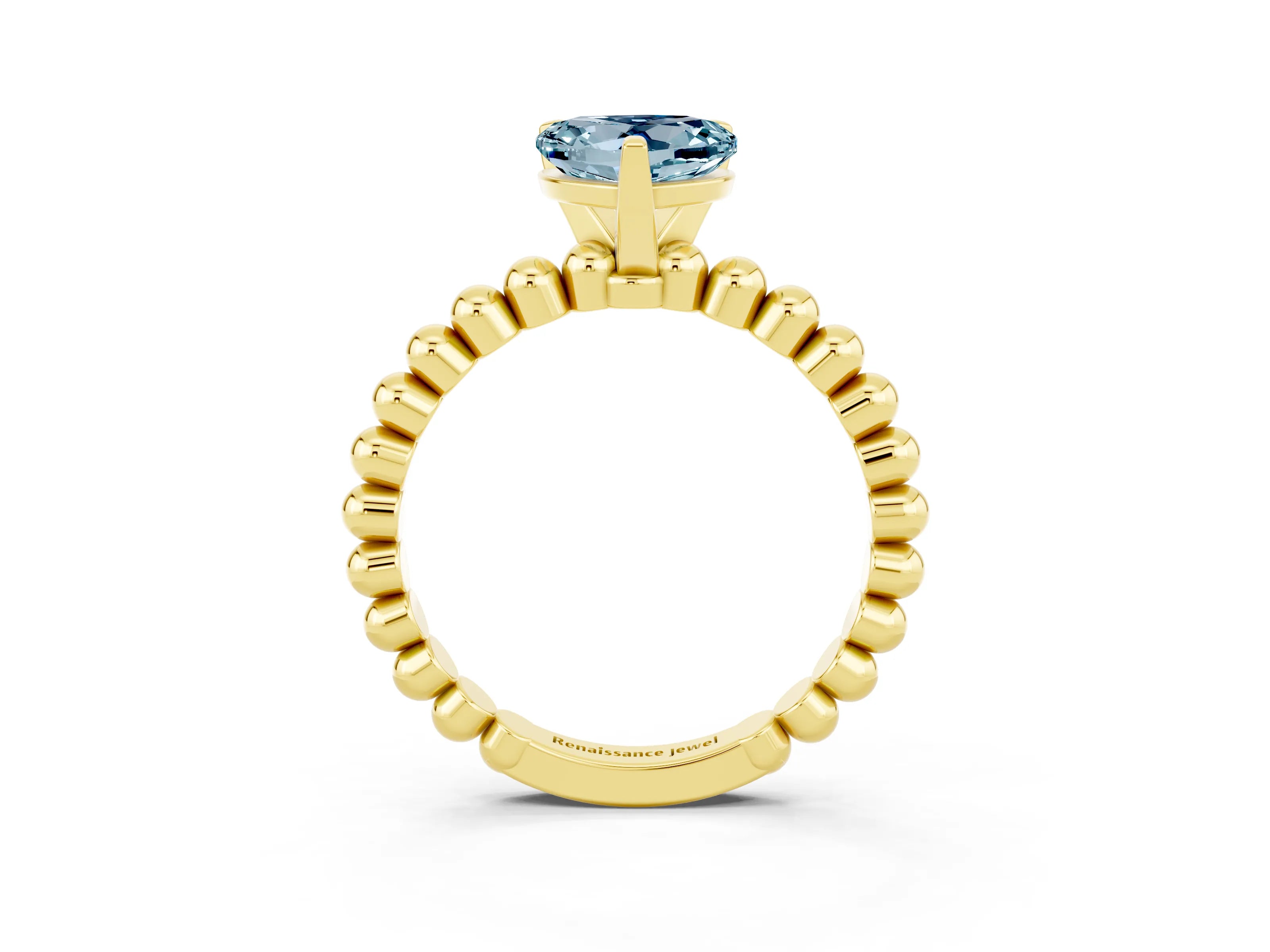Yellow gold Heart Cut Aquamarine Solitaire Ring with Beaded Band and Prong Setting_3