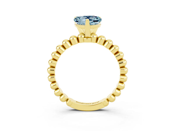 Yellow gold Heart Cut Aquamarine Solitaire Ring with Beaded Band and Prong Setting
