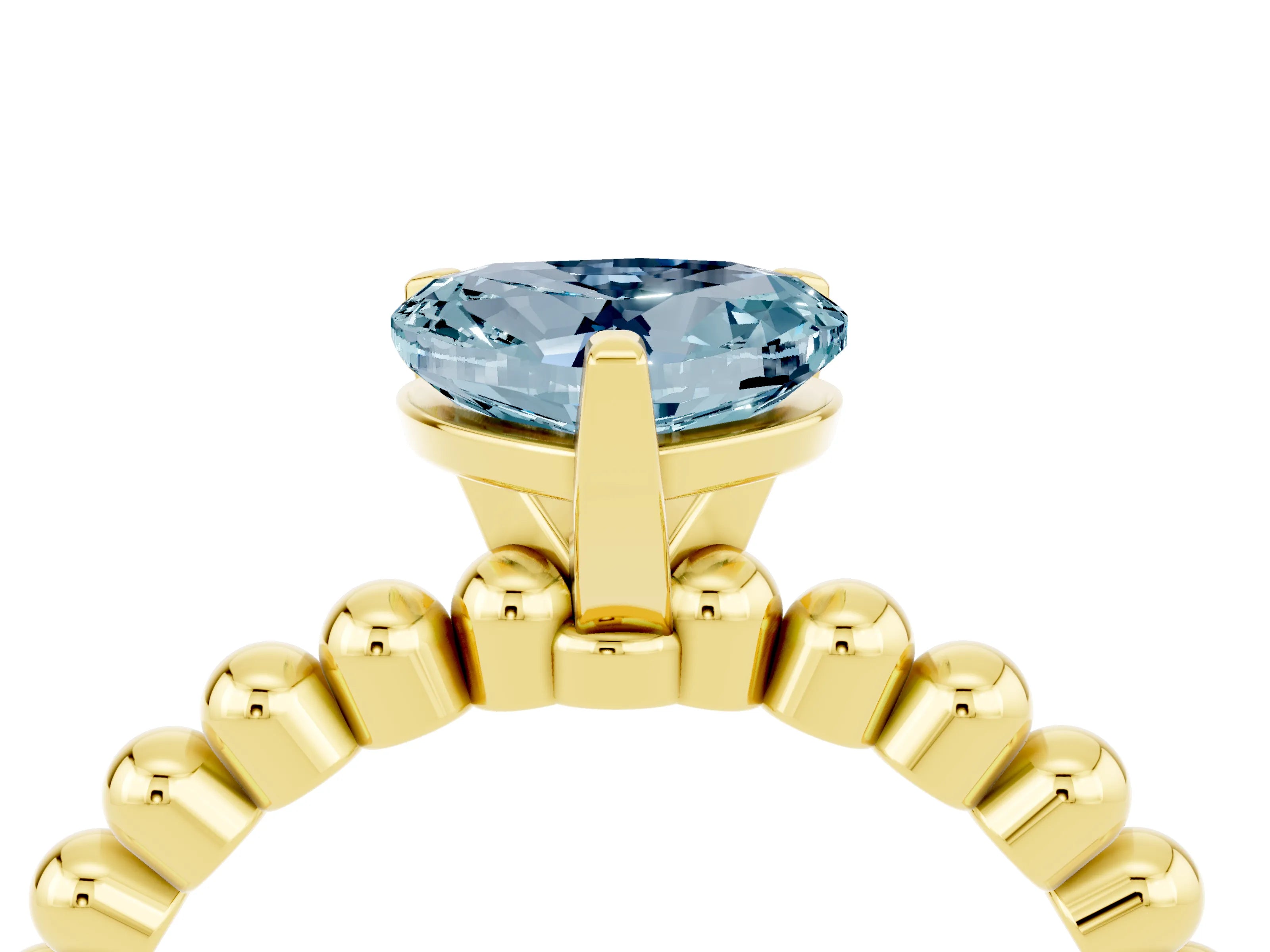 Yellow gold Heart Cut Aquamarine Solitaire Ring with Beaded Band and Prong Setting_4