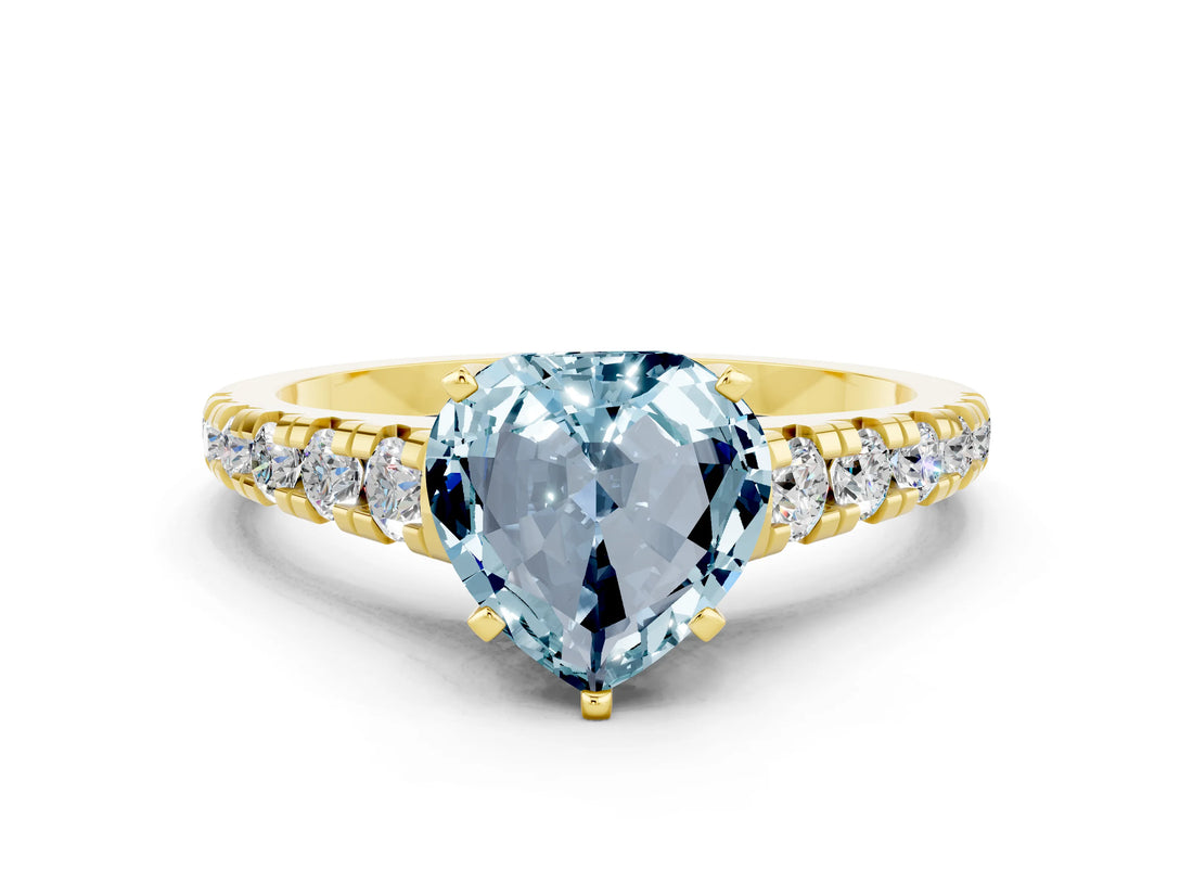 Yellow gold Heart Cut Aquamarine Solitaire Ring with Cathedral Setting and Pavé Band