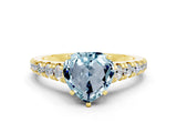 Yellow gold Heart Cut Aquamarine Solitaire Ring with Cathedral Setting and Pavé Band