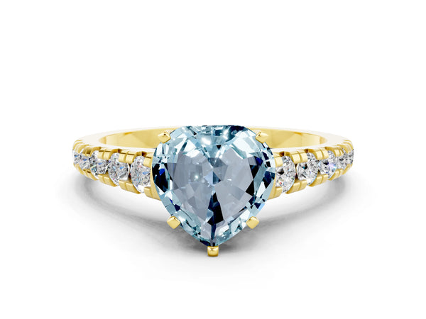 Yellow gold Heart Cut Aquamarine Cathedral Solitaire Ring with Round  Pavé Band