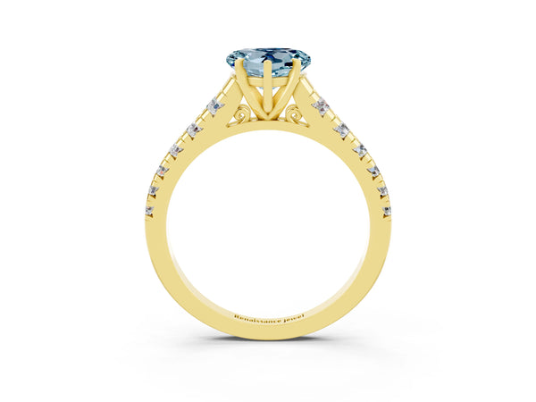 Yellow gold Heart Cut Aquamarine Cathedral Solitaire Ring with Round  Pavé Band