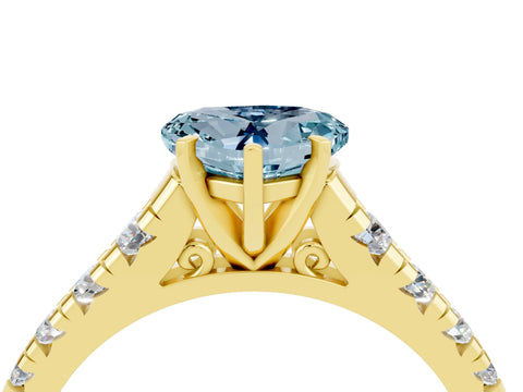 Yellow gold Heart Cut Aquamarine Solitaire Ring with Cathedral Setting and Pavé Band_4
