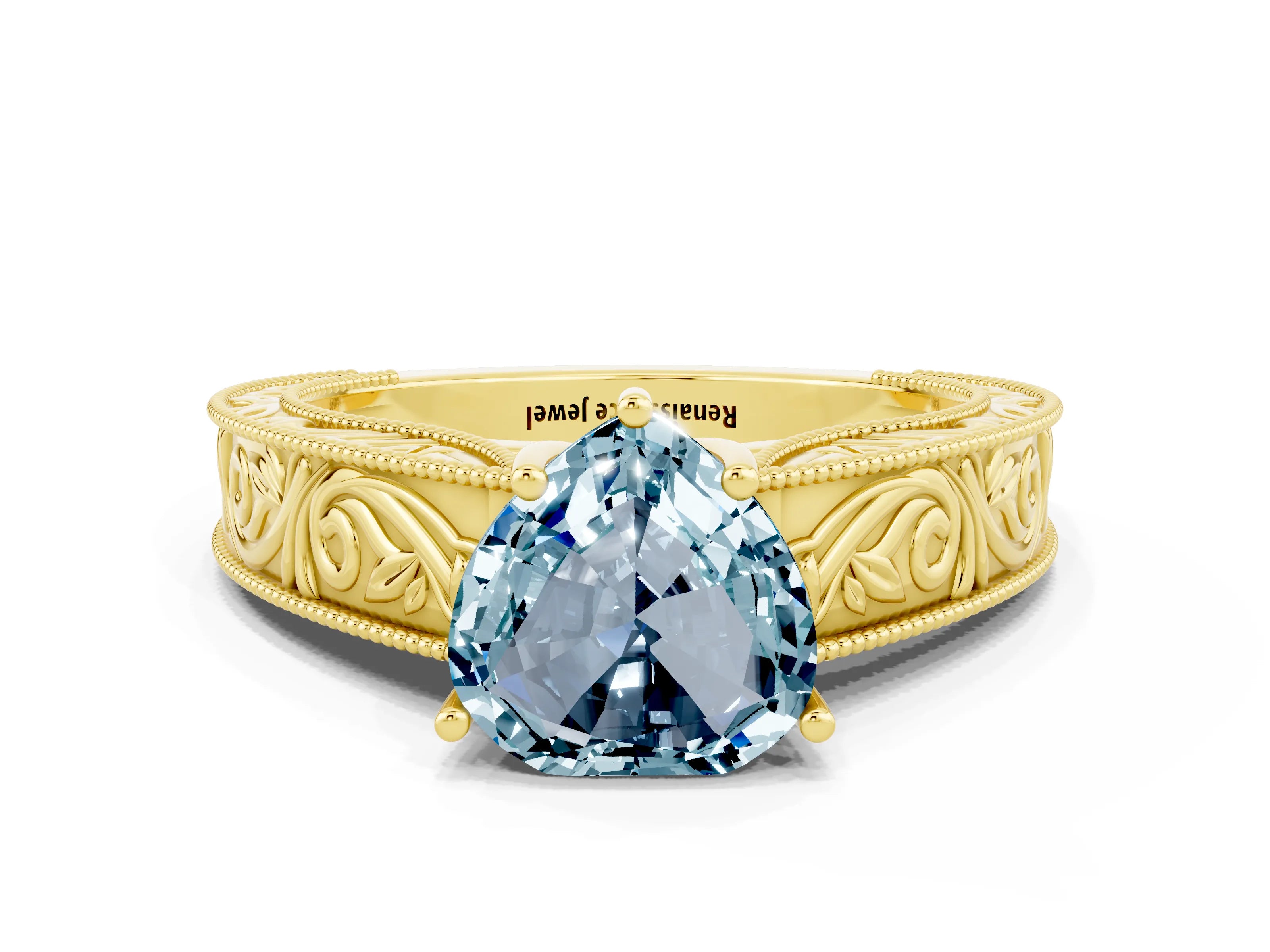Yellow gold Heart Cut Aquamarine Solitaire Ring with Engraved Band and Four-Prong Setting