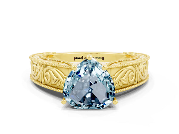 Yellow gold Heart Cut Aquamarine Solitaire Ring with Engraved Band and Four-Prong Setting
