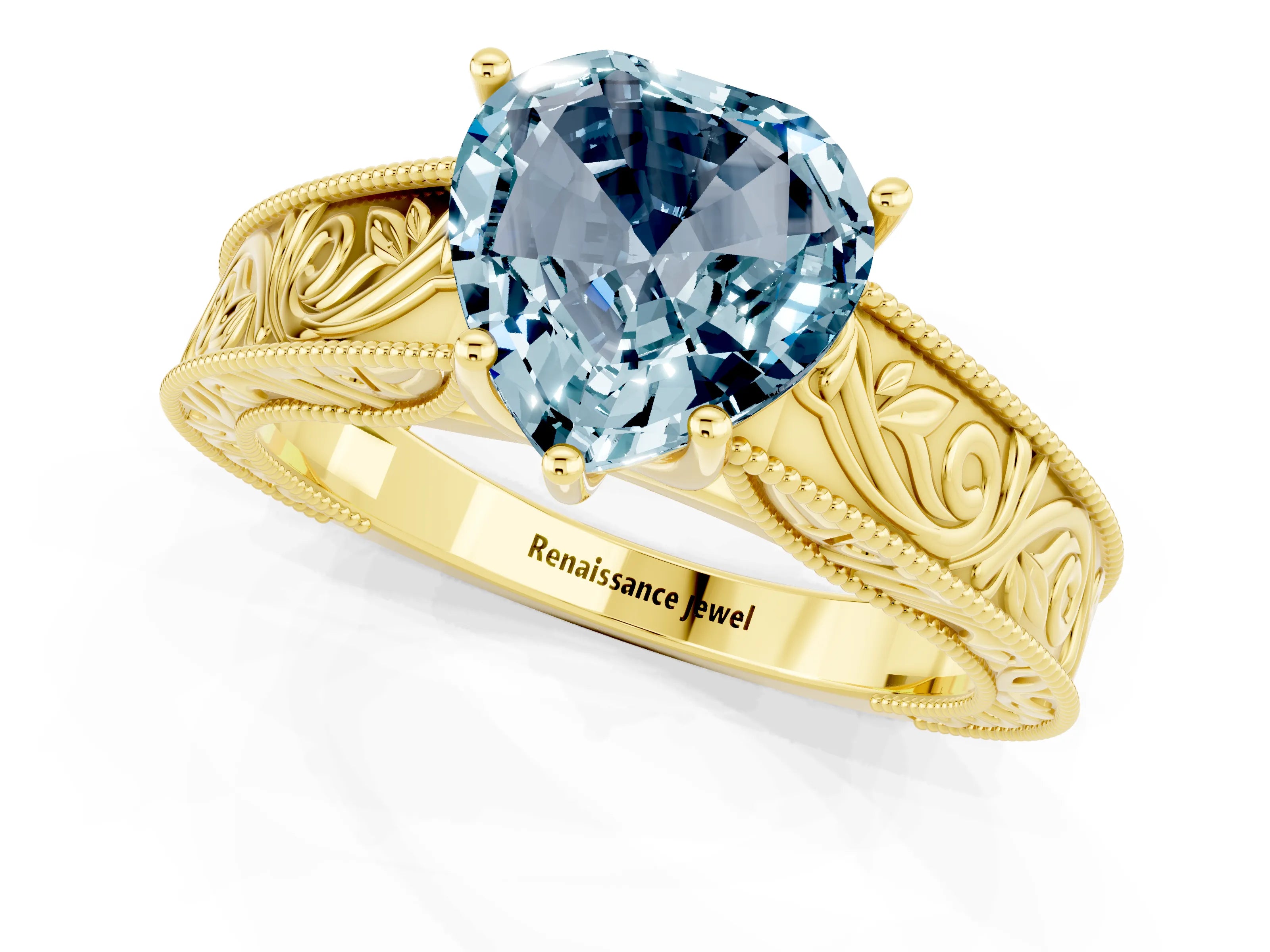 Yellow gold Heart Cut Aquamarine Solitaire Ring with Engraved Band and Four-Prong Setting_1