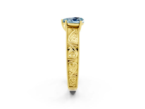 Yellow gold Heart Cut Aquamarine Solitaire Ring with Engraved Band and Four-Prong Setting_2