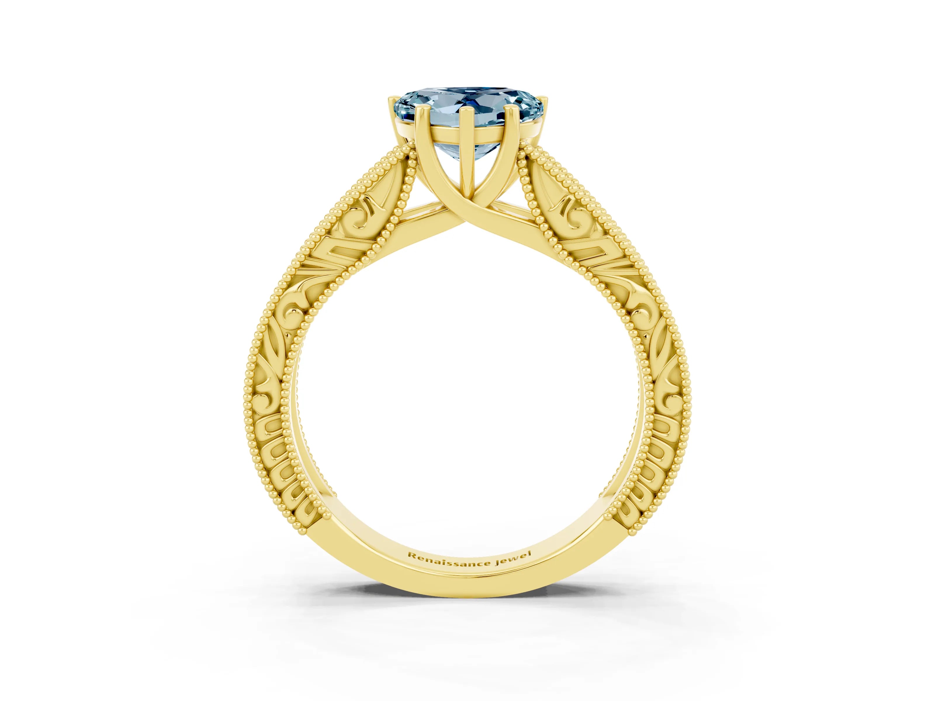 Yellow gold Heart Cut Aquamarine Solitaire Ring with Engraved Band and Four-Prong Setting_3