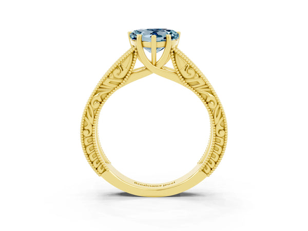 Yellow gold Heart Cut Aquamarine Solitaire Ring with Engraved Band and Four-Prong Setting