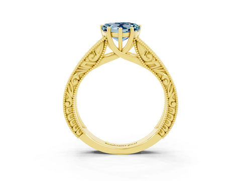 Yellow gold Heart Cut Aquamarine Solitaire Ring with Engraved Band and Four-Prong Setting_3