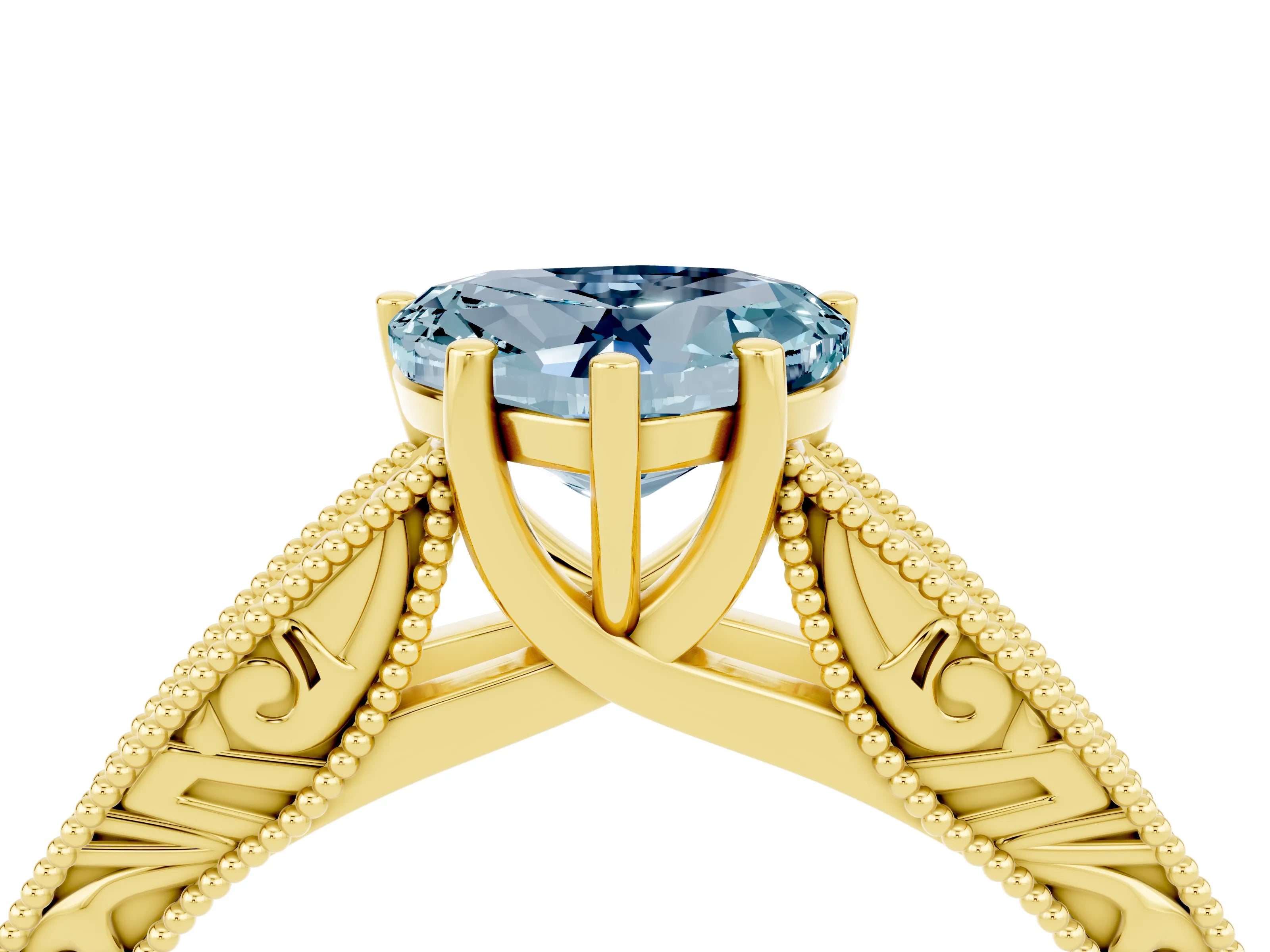 Yellow gold Heart Cut Aquamarine Solitaire Ring with Engraved Band and Four-Prong Setting_4