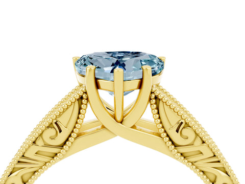 Yellow gold Heart Cut Aquamarine Solitaire Ring with Engraved Band and Four-Prong Setting_4