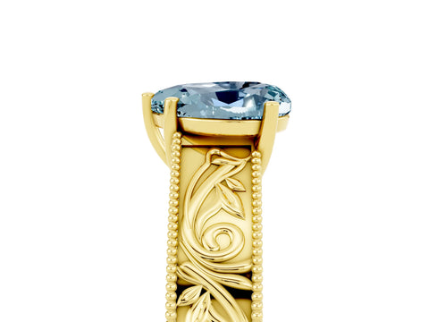 Yellow gold Heart Cut Aquamarine Solitaire Ring with Engraved Band and Four-Prong Setting_5