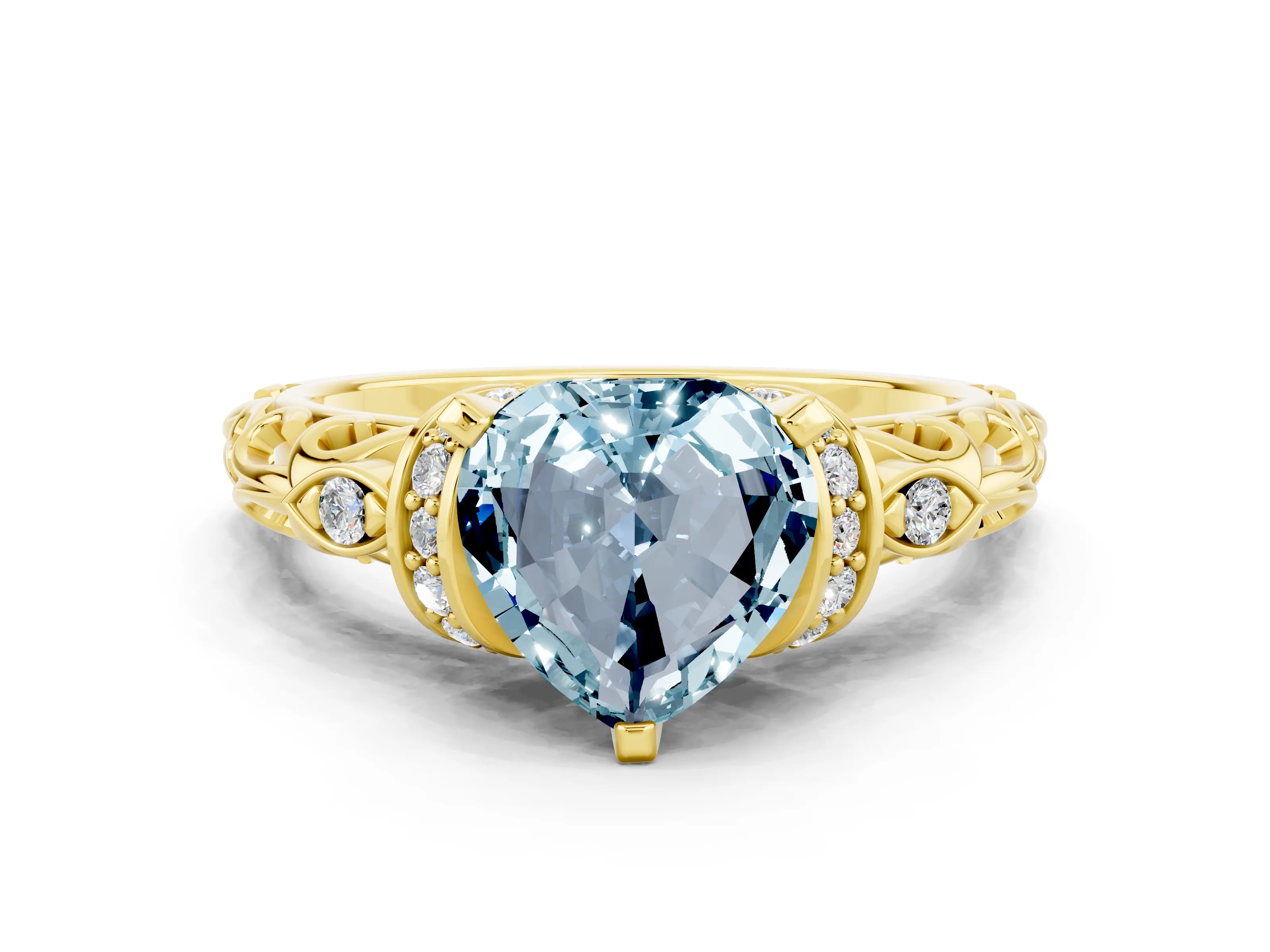 Yellow gold Heart Cut Aquamarine Solitaire Ring with Filigree Band and Four-Prong Setting_24