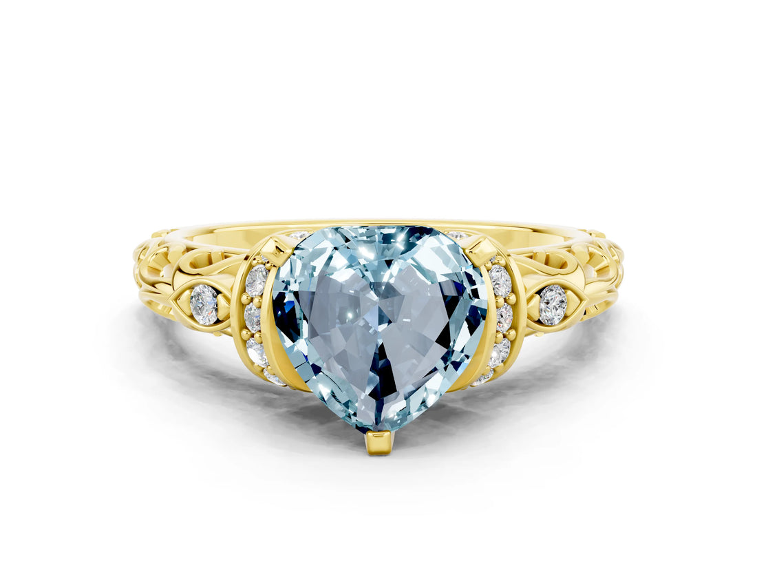 Yellow gold Heart Cut Aquamarine Solitaire Ring with Filigree Band and Four-Prong Setting_24