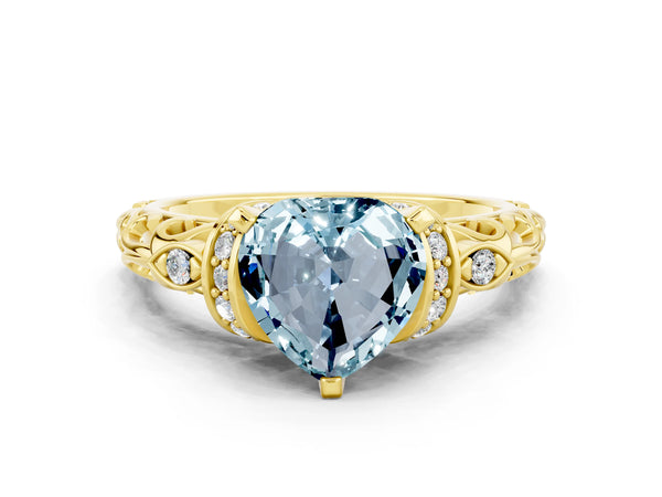 Yellow gold Heart Cut Aquamarine Solitaire Ring with Filigree Band and Four-Prong Setting