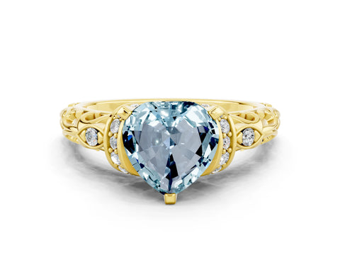 Yellow gold Heart Cut Aquamarine Solitaire Ring with Filigree Band and Four-Prong Setting_24