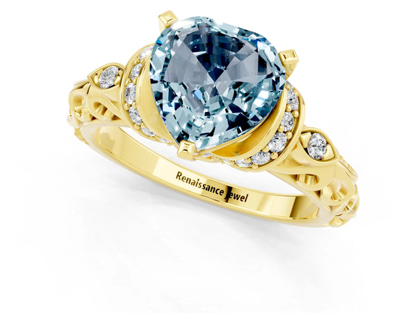 Yellow gold Heart Cut Aquamarine Solitaire Ring with Filigree Band and Four-Prong Setting
