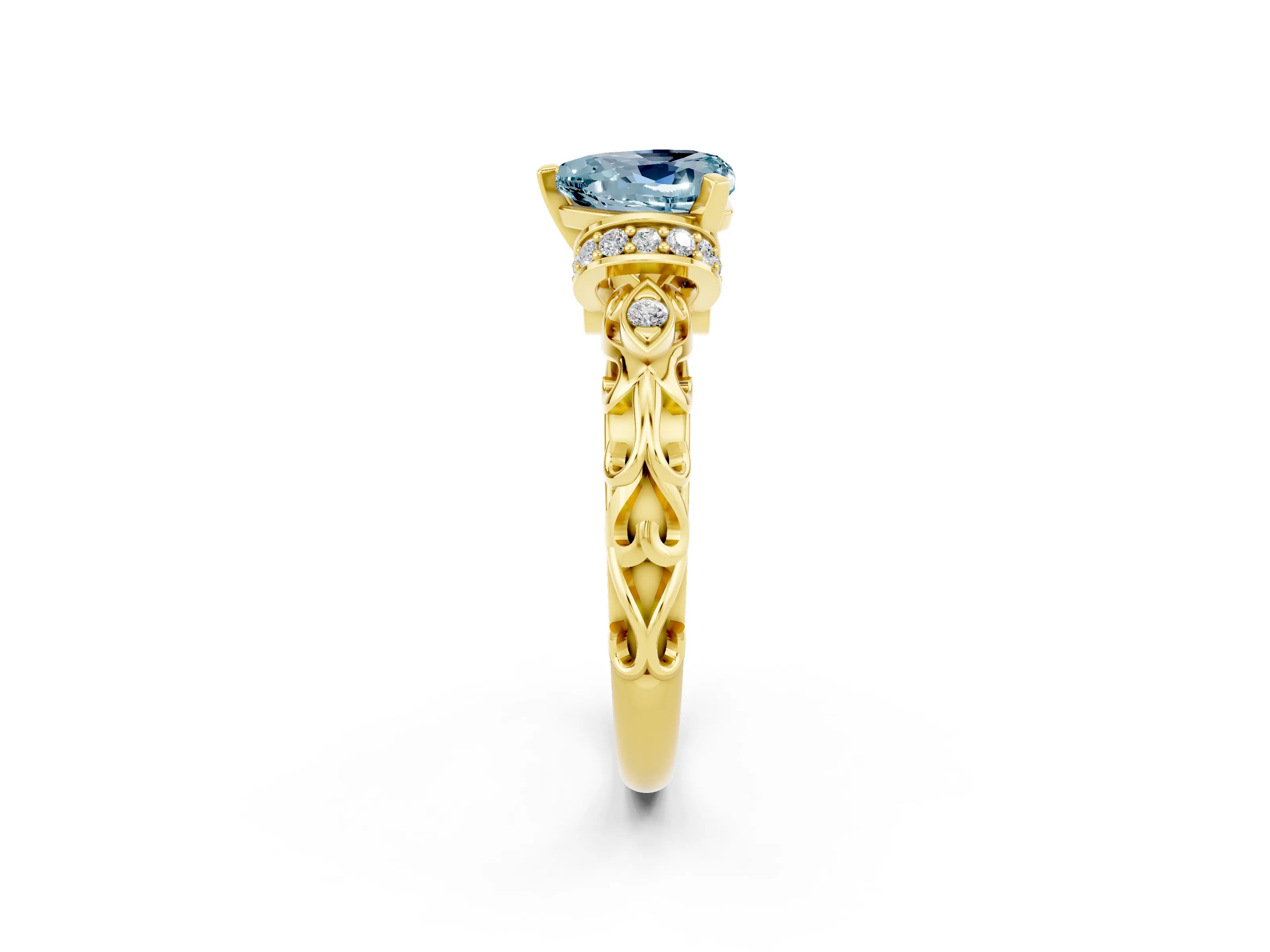 Yellow gold Heart Cut Aquamarine Solitaire Ring with Filigree Band and Four-Prong Setting_26