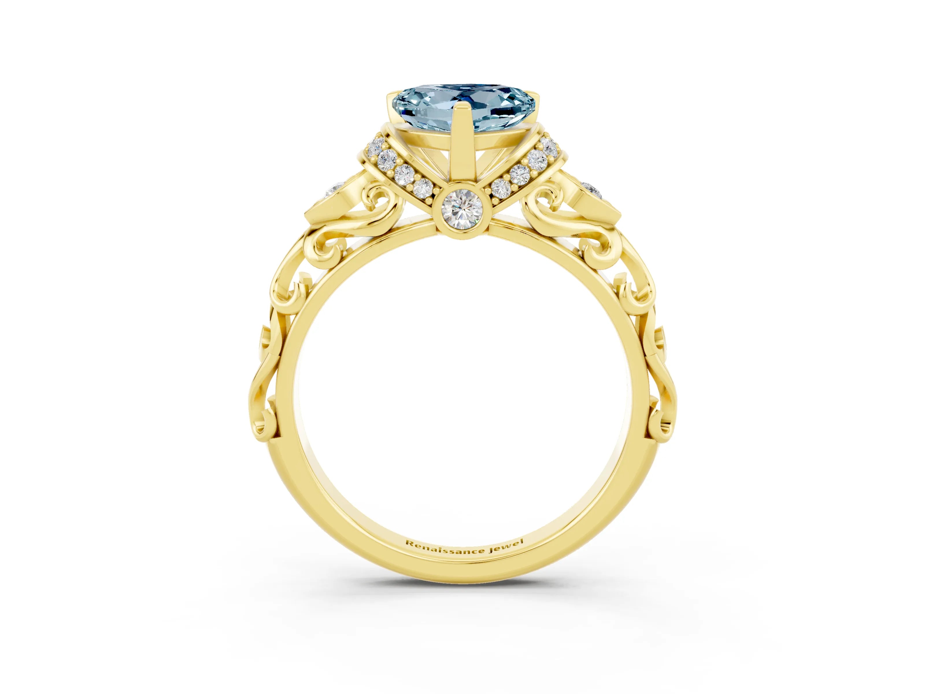 Yellow gold Heart Cut Aquamarine Solitaire Ring with Filigree Band and Four-Prong Setting_27