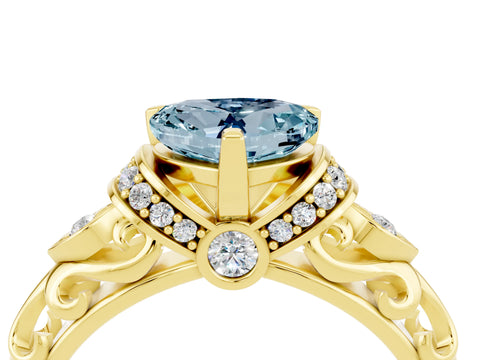 Yellow gold Heart Cut Aquamarine Solitaire Ring with Filigree Band and Four-Prong Setting_28