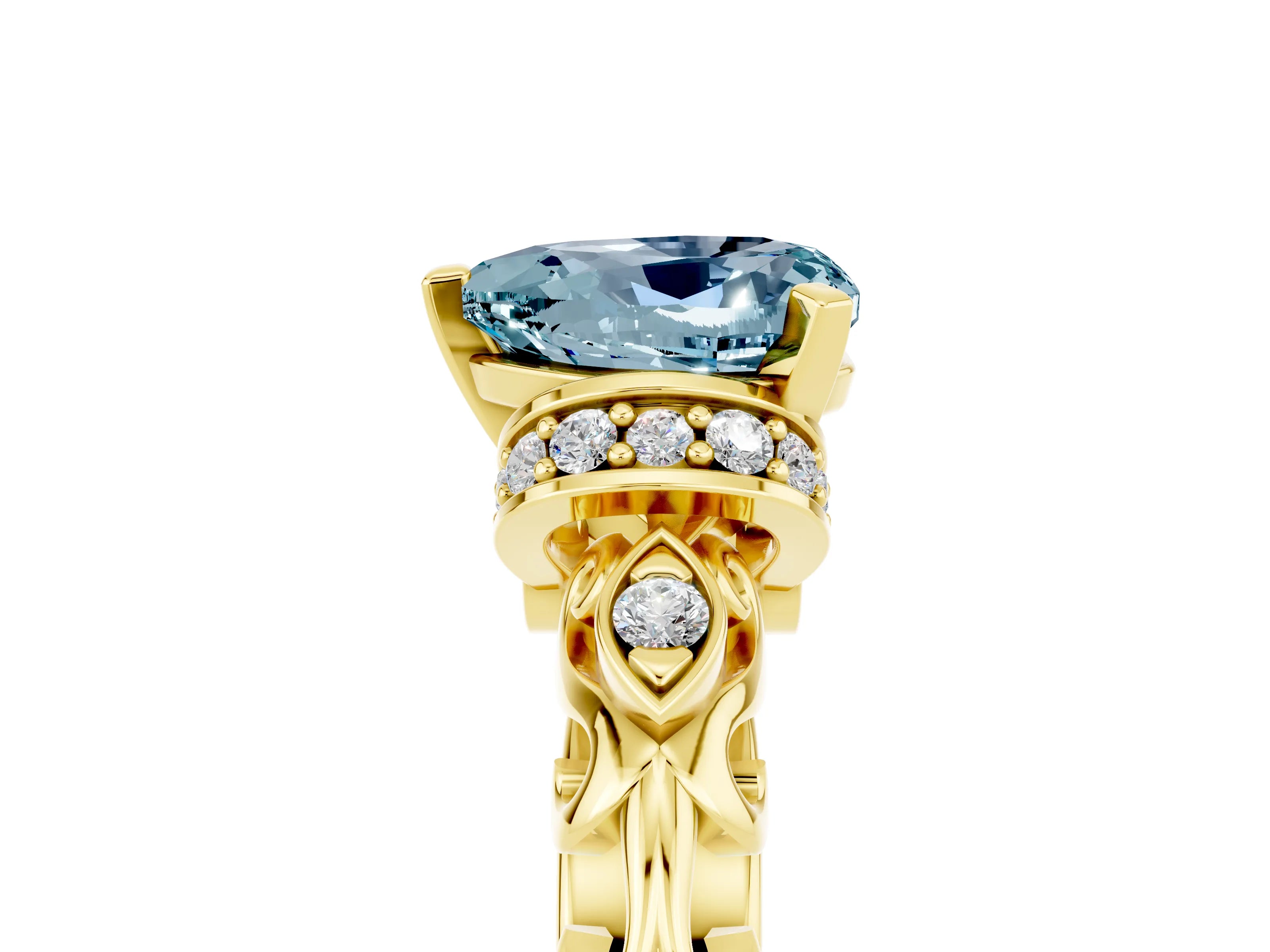 Yellow gold Heart Cut Aquamarine Solitaire Ring with Filigree Band and Four-Prong Setting_29