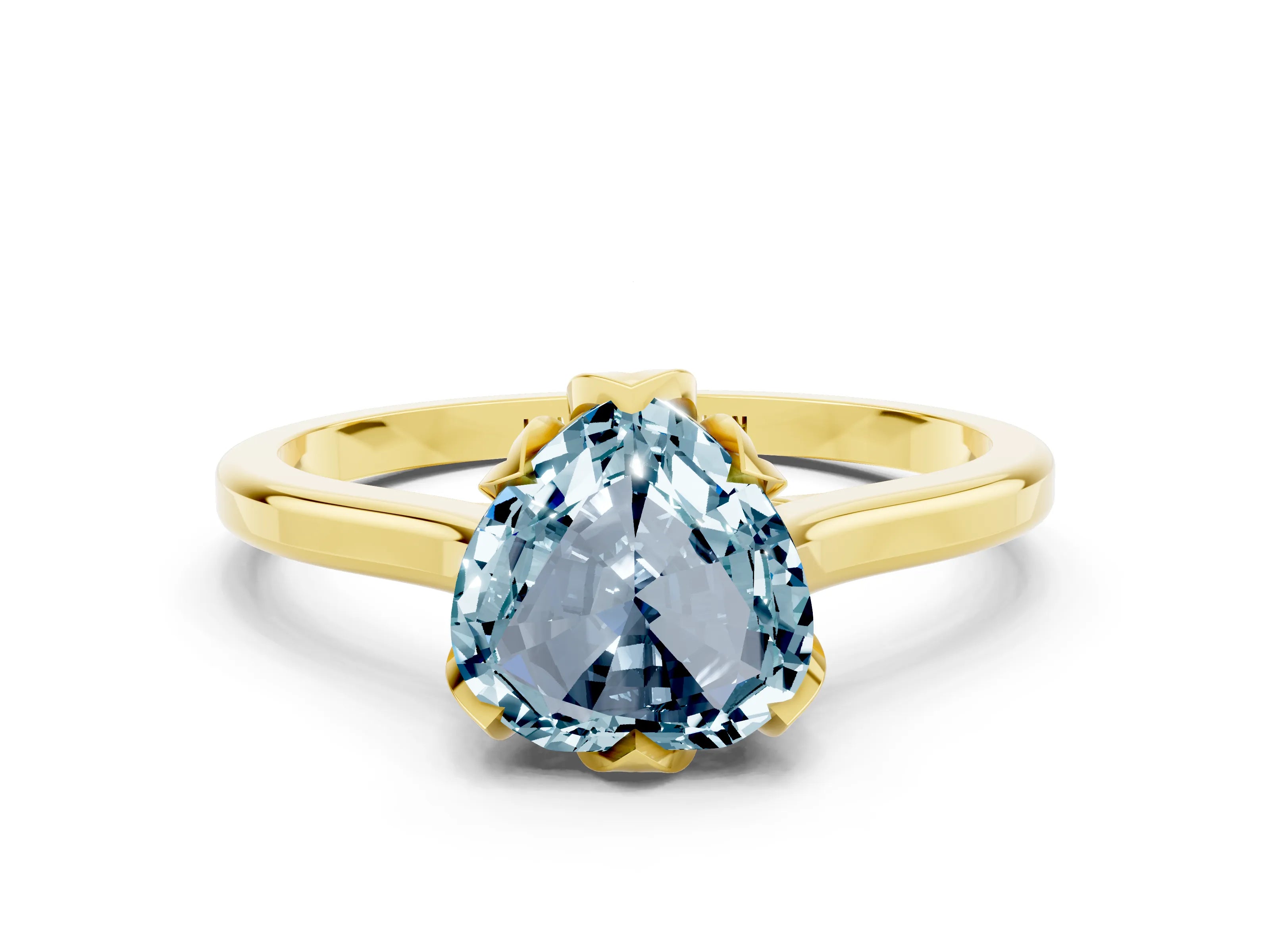 Yellow gold Heart Cut Aquamarine Solitaire Ring with Flower Prong Setting and Classic Band_12