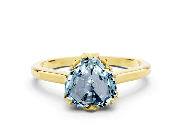 Yellow gold Heart Cut Aquamarine Solitaire Ring with Flower Prong Setting and Classic Band