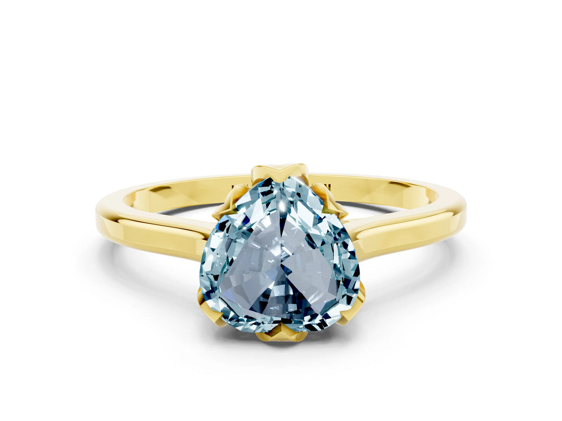 Yellow gold Heart Cut Aquamarine Solitaire Ring with Flower Prong Setting and Classic Band_12