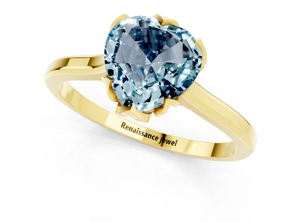 Yellow gold Heart Cut Aquamarine Solitaire Ring with Flower Prong Setting and Classic Band