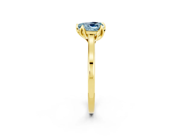 Yellow gold Heart Cut Aquamarine Solitaire Ring with Flower Prong Setting and Classic Band