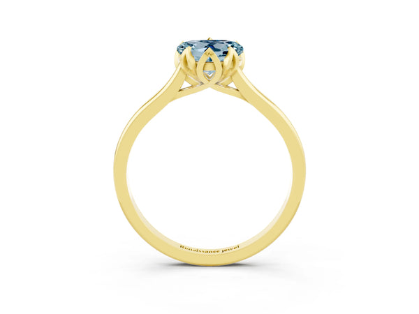 Yellow gold Heart Cut Aquamarine Solitaire Ring with Flower Prong Setting and Classic Band